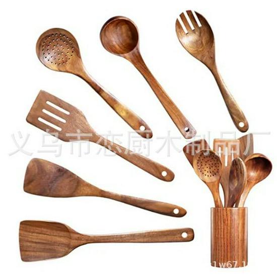Teak Non-Stick Long-Handle Solid Wood Pan and Acacia Wood Kitchenware Set