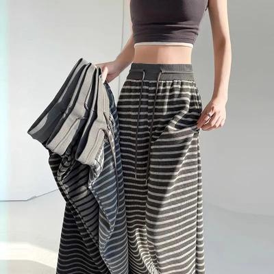 Retro Ice Silk Striped Wide-leg Pants for Women In Spring and Summer New High-waist Drawstring Loose Straight Pants Knitted Casual Pants