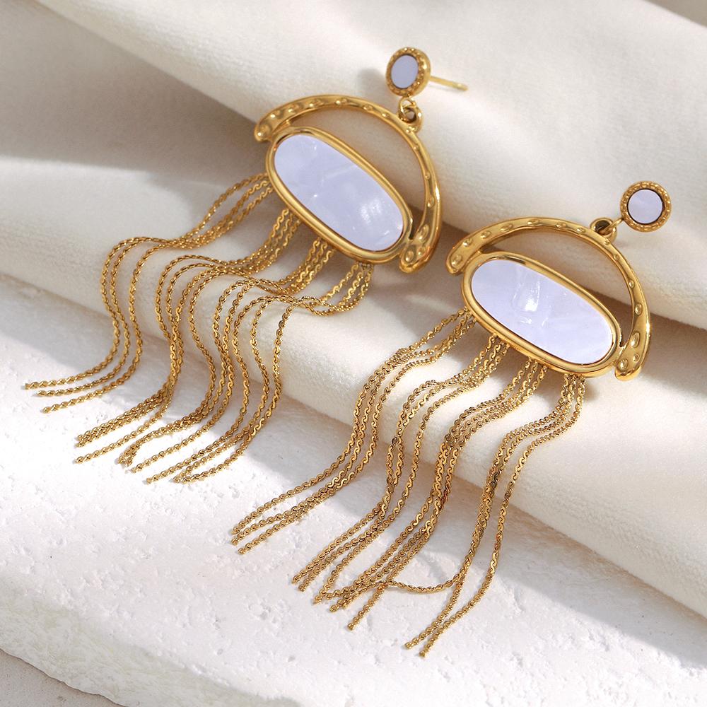 MamacitaSlay 316L Stainless Steel Shell Jellyfish Shaped Long Tassel Earrings Party Waterproof Jewelry Women's Charm Earrings
