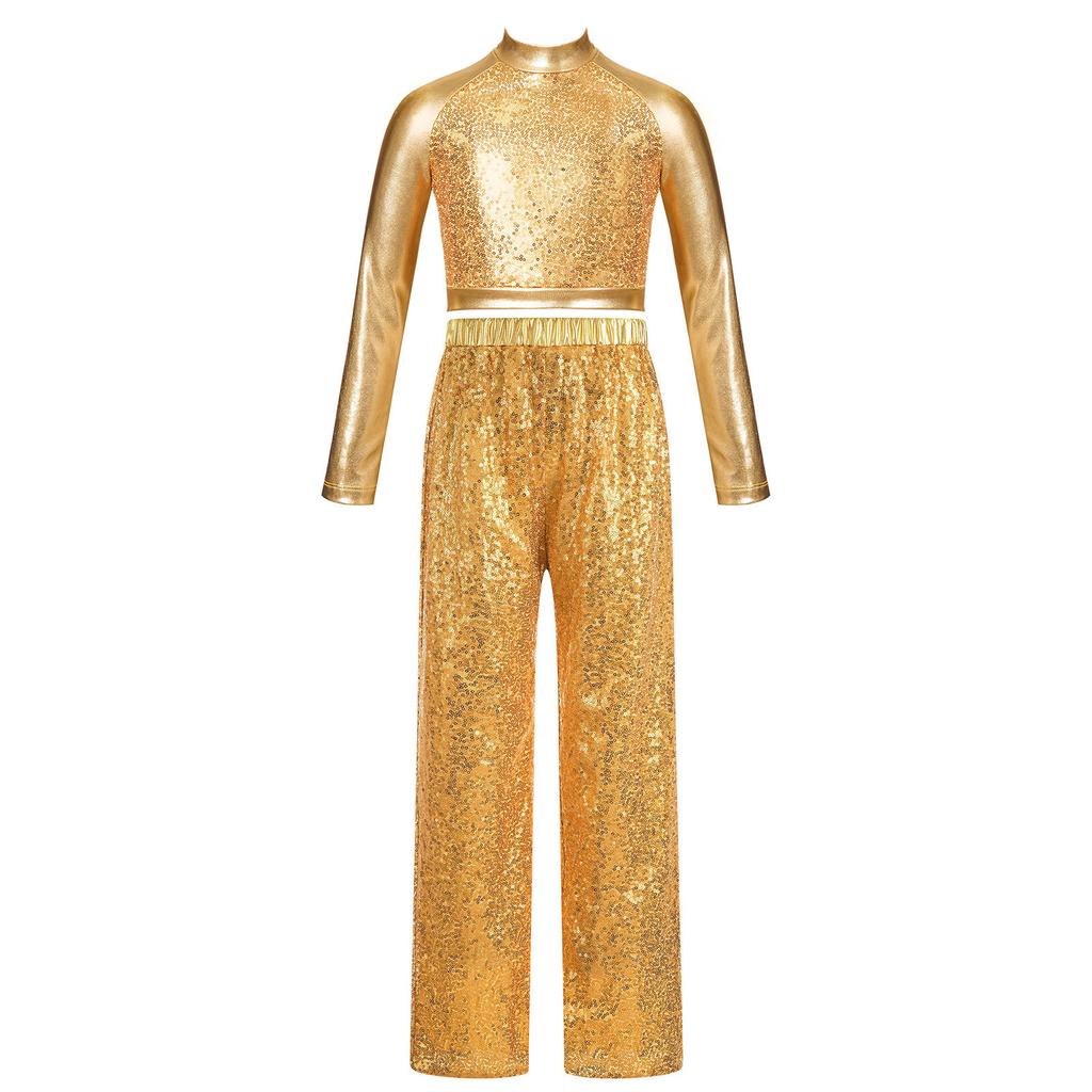 Girls Shiny Sequins Dance Crop Top Mock Neck Long Sleeve High Waist Wide Leg Pants Set