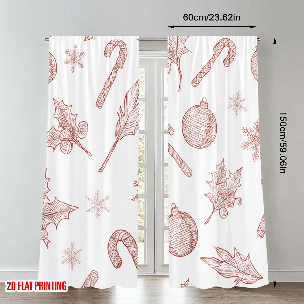2pcs 2D flat printing Christmas Hot Party Curtains Christmas Holly Candy Cane Ornament Digital Printed Polyester Drapes Holiday