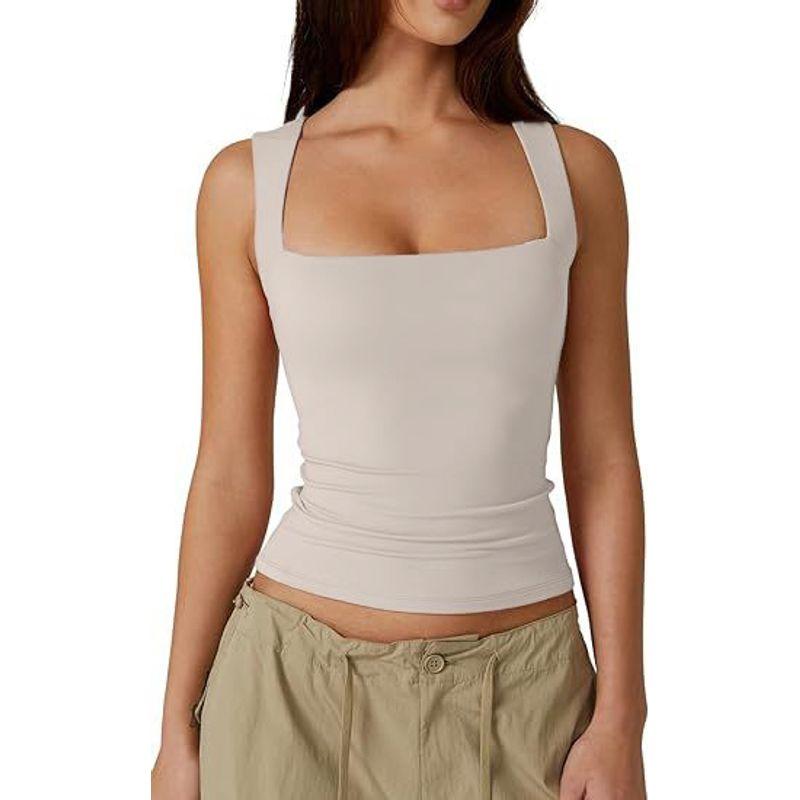 Solid Color Square Neck Sleeveless Top Solid Color Square Collar Slim Fit Sleeveless Top Female