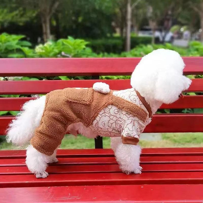 Winter Thickened Sherpa Overalls for Small Pets Dog Cat Double-Layered Thermal Coat with Bear Pocket Puppy Clothes
