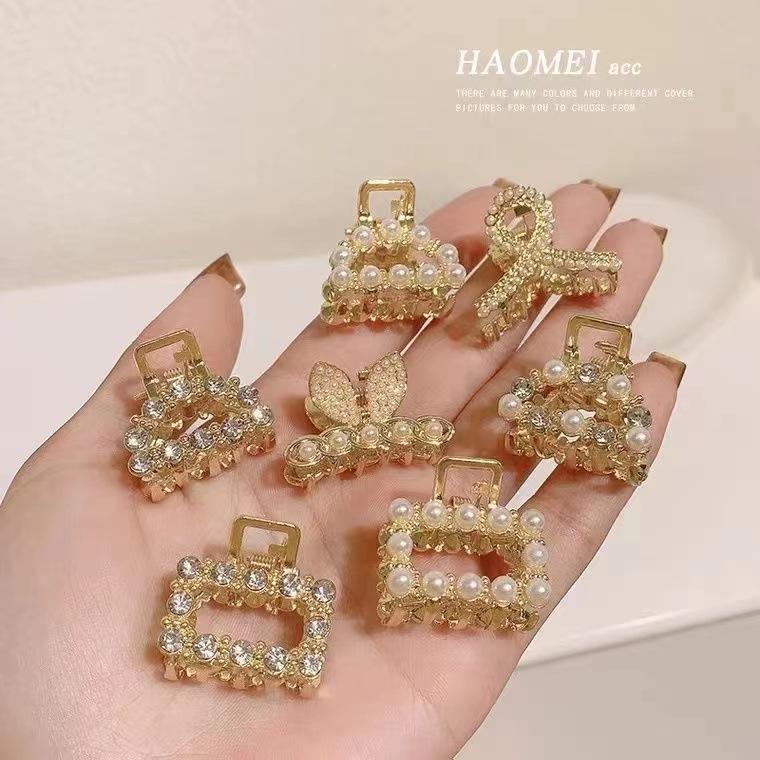 Bow Rhinestone Pearl Mini Hair Clip - Women's Small Shark Grip Hairpin