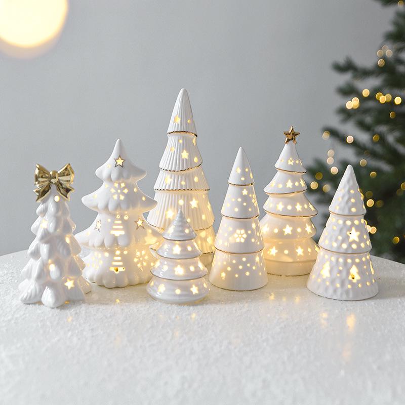 Ceramic Christmas Tree Night Light with Gold-Edged Hollow Stars & Snowflakes - Home Festival Decoration