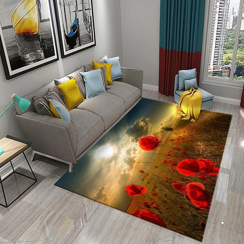 3D Rote Mohnblumen Teppich Romantisches Blumenmeer Teppiche Fußmatte für Badezimmer Küche Eingangsteppiche Schlafzimmer Wohnzimmer Dekor Bereichsteppich