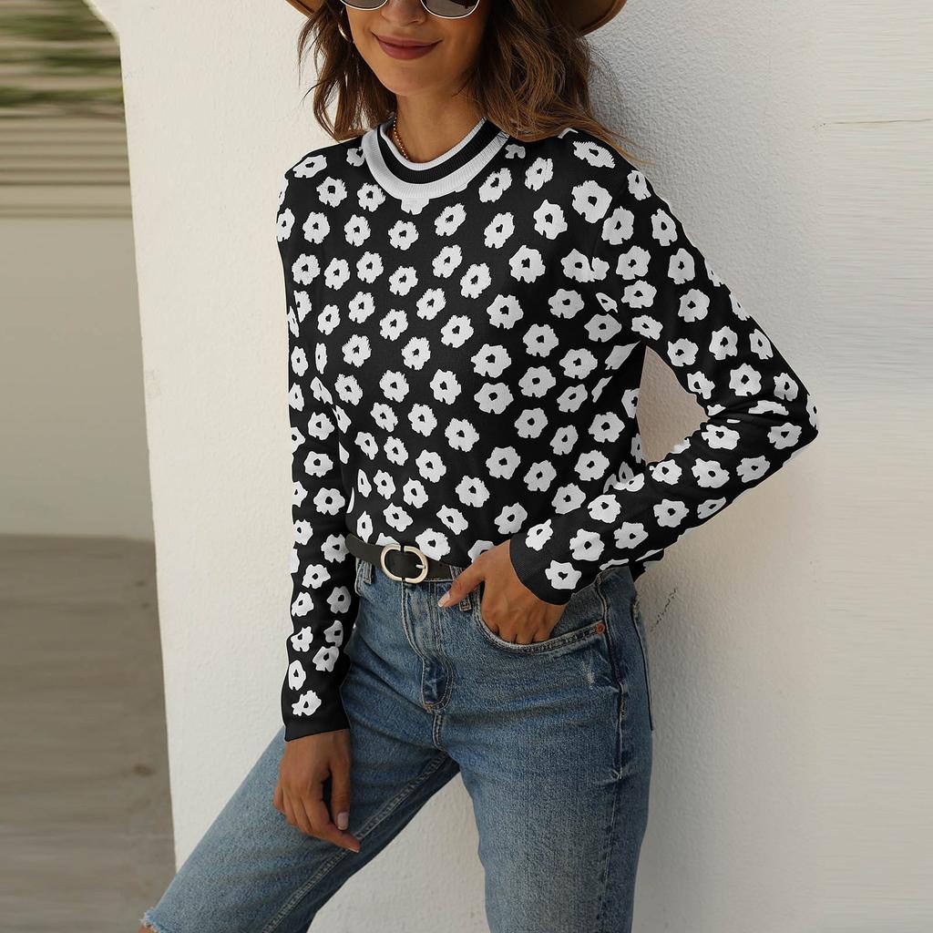 Women's Fashion Temperament Long Sleeve Round Neck Flower Knit Sweater