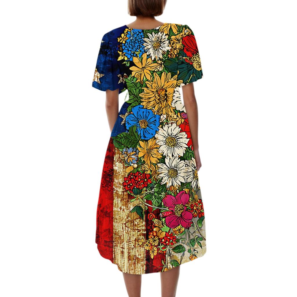 Women's Fashionable Casual V-neck Short-sleeved Independence Day Printed Dress