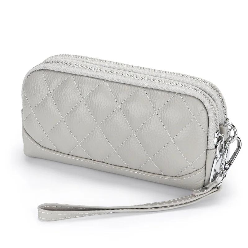 Double Zipper Clutch Bag for Women Genuine Leather Coin Pocket Money Purse Women's Clutches Female Clutch Purse with Wrist Strap