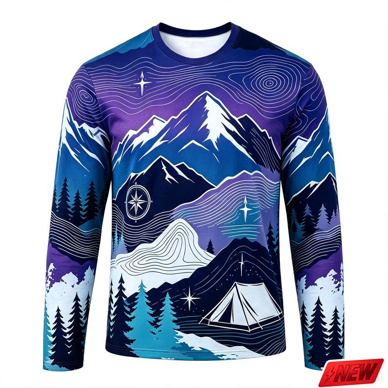 Men's Outdoor Camping Long Sleeve T-Shirt Mountain Forest Casual Crew Neck Top 3d Print Natural Landscape Graphic Tee Hiking