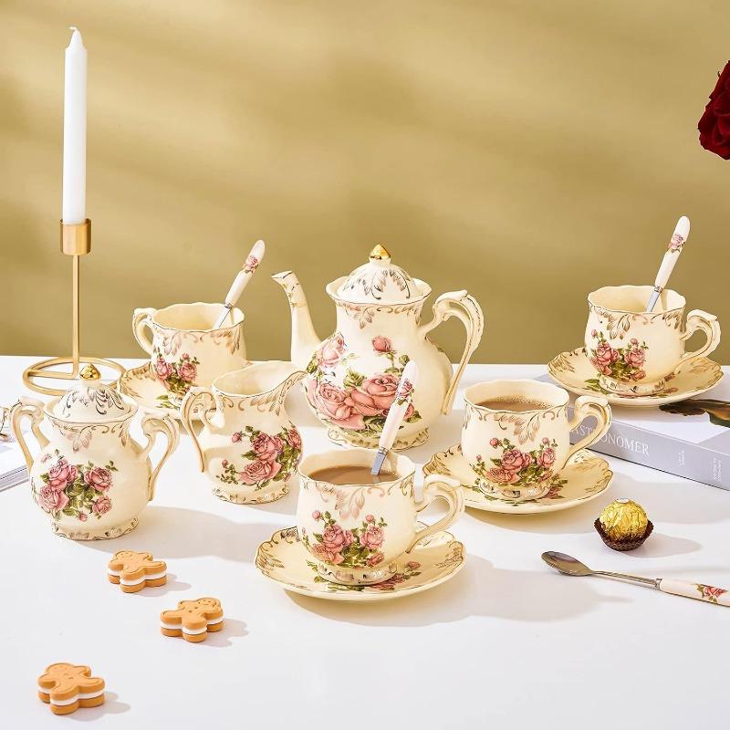 European Porcelain Tea Cups and Saucers Set, Vintage Floral Tea Cups Set, Ivory Gold Trim Floral Coffee Cups Set 8 Ounce