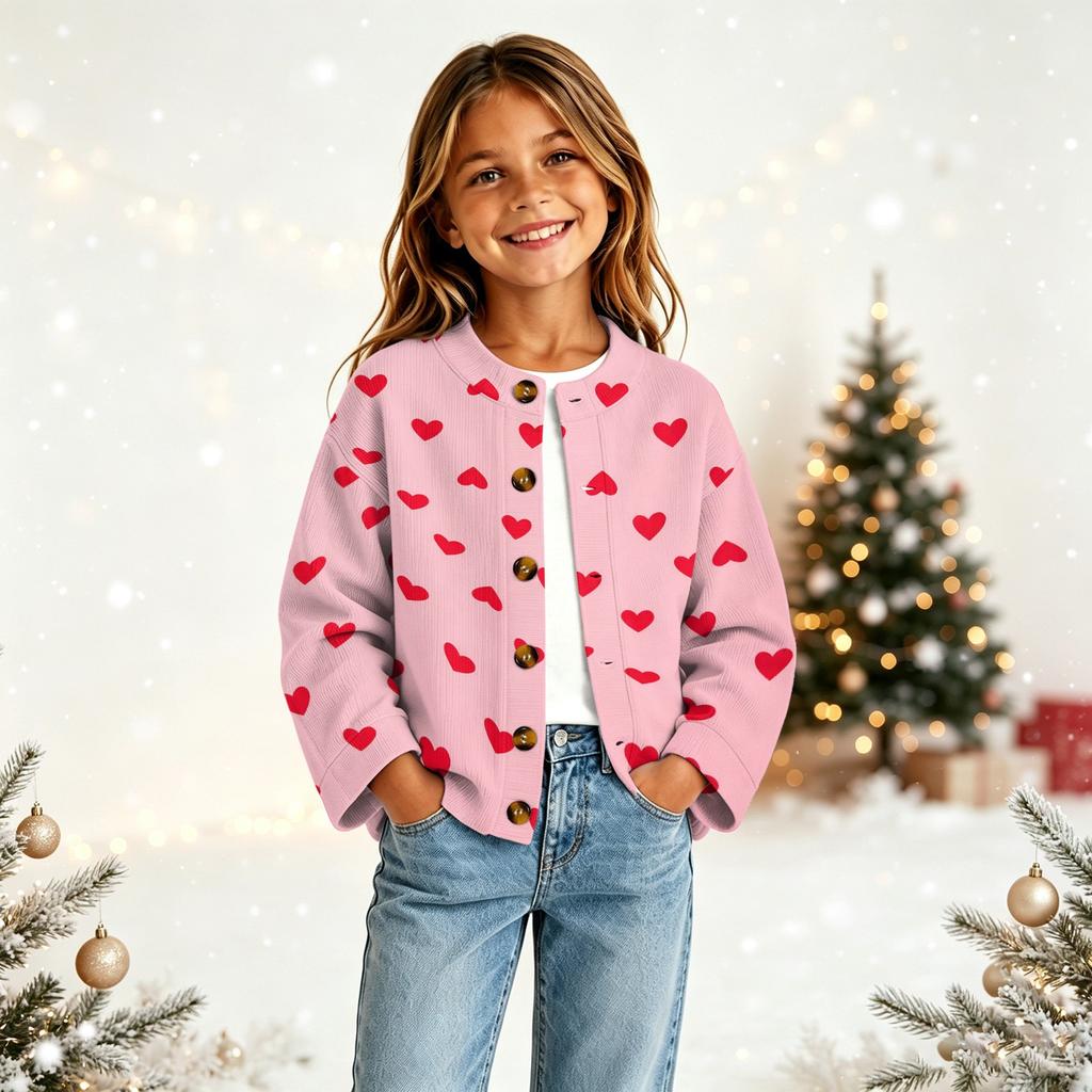 Girls' Fashion Button-Front Cardigan with Cute Print, Casual Open Front Sweater for Everyday Wear