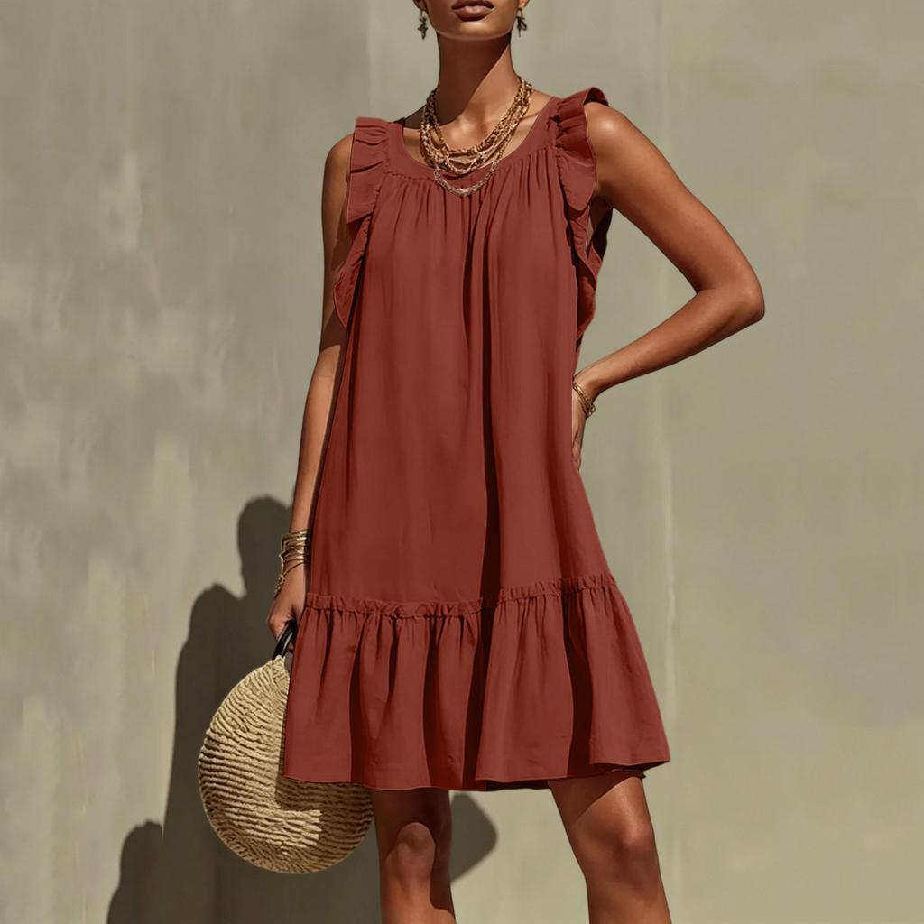 Ladies' Color Fashionable Casual Loose Round Neck Sleeveless Ruffle Dress