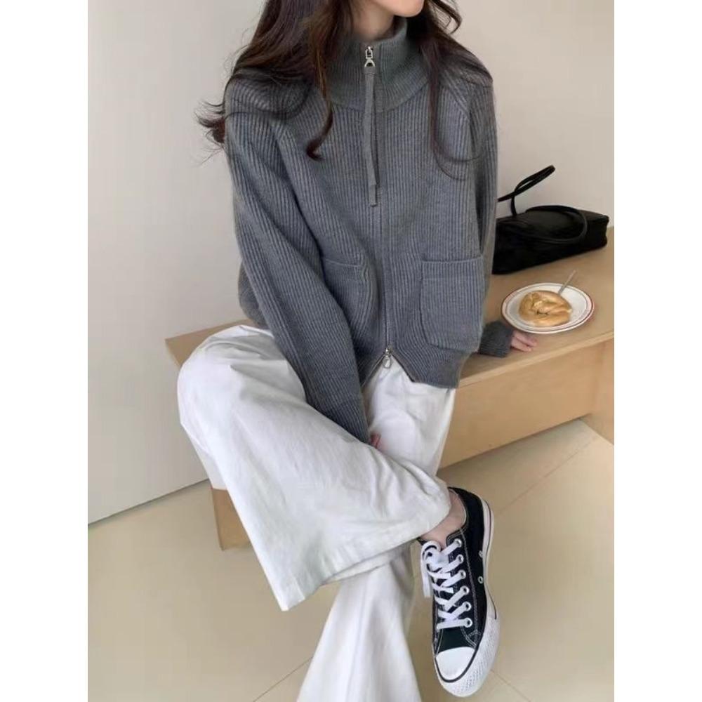New Autumn and Winter Stand-up Collar, Double Zipper, Long-sleeved, Loose, Large-sized, Laid-back Style Knitted Cardigan Sweater for Women