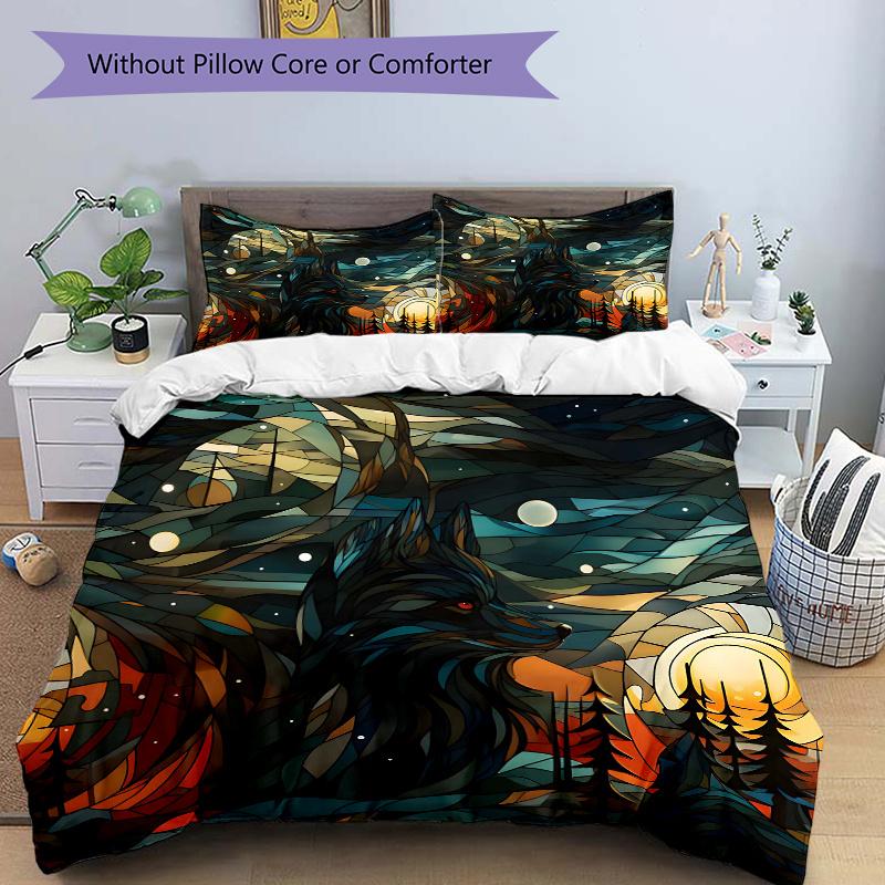 

3pcs Wolf in Stained Glass Quilt Cover Set - Soft & Comfortable Polyester Fabric, All-Season Breathable Comforter Set 135x200cm