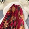 Spring Summer Women Elegant Vintage Print Elastic Waist Long Maxi Pleated Skirt Only Have One Size