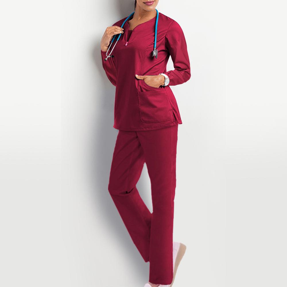 Unisex Hospital Workwear Long Sleeves Stretch Scrub Nurse Uniform V-neck With Pocket
