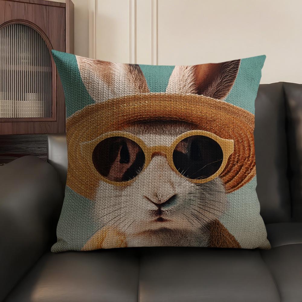 Cute Rabbit Art Cushion Cover Summer Breathable Linen Organic Fabric Double-Sided Printing Sofa Pillow Case Home Decor