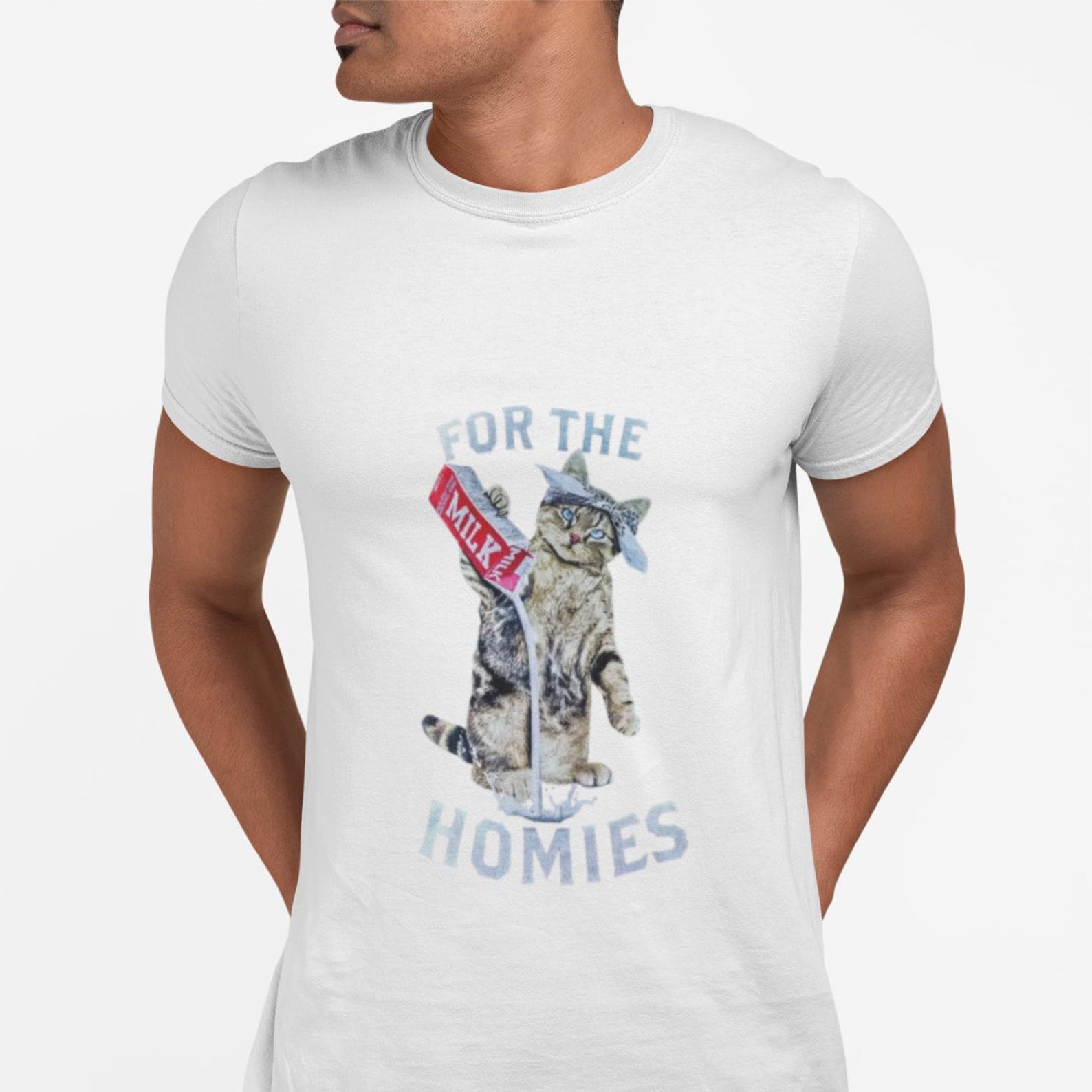 For the Homies Cat Illustration T-Shirt | Cat Drinking Milk Design S