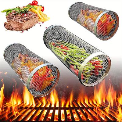 Tragbarer Outdoor Zylindrischer Grillkorb Picknick Grill Räuchernetz Camping Picknick Rollender Grillkäfig Und Kochzubehör