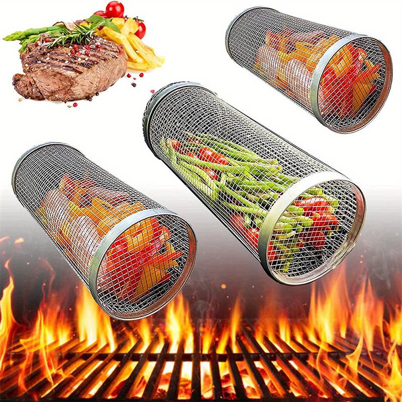 Portable Outdoor Cylindrical Barbecue Basket Picnic Bbq Smoking Net Camping Picnic Rolling Barbecue Cage And Cooking Accessories