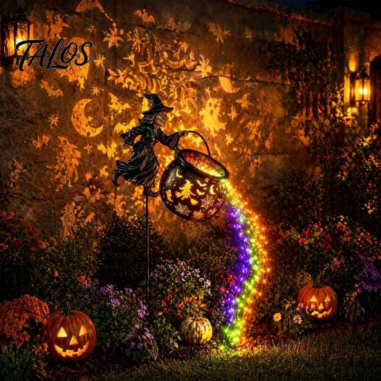 Glowing Yard Art for Halloween Witch Cauldron Light, Flying Silhouette Garden Stake with Colorful Metal Decor LED, Spooky Outdoor Decorative