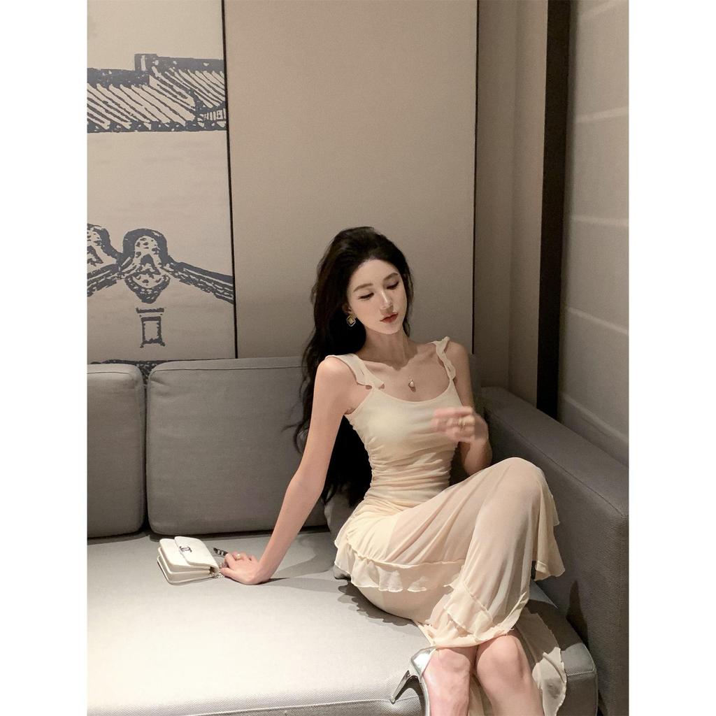 Women's Summer French-Style Camisole Dress - Petite 150 Slim Fit with Sexy Irregular Slit