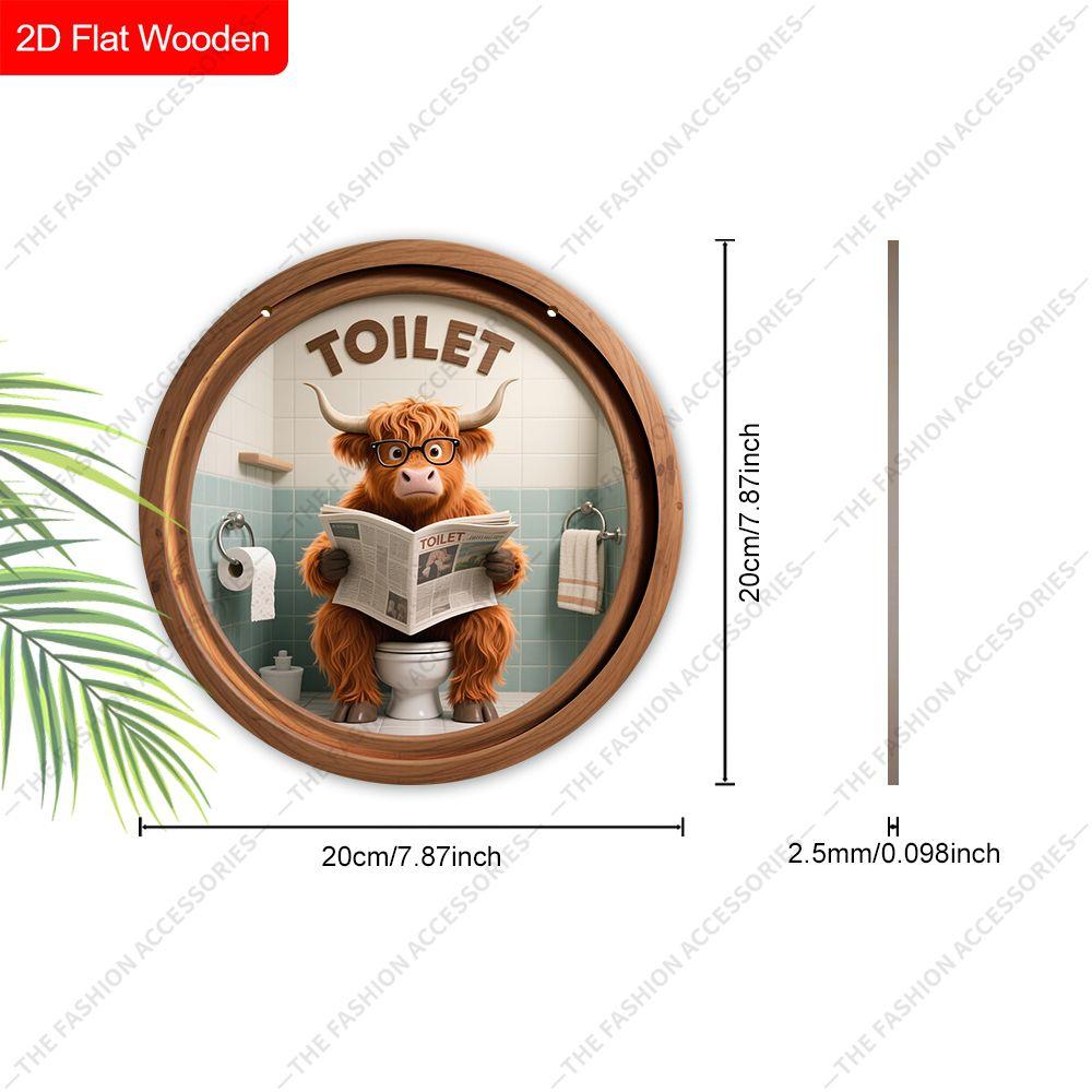 Hängande dekorativ skylt i trä, toalettdekoration, 2D platt hänge, mönstret är en ko som sitter på toaletten och läser en tidning, present till en vän