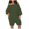 Plus Size Womens Casual  Elastic One Line Shoulder Pockets  Nine-point Cuff  Shorts Jumpsuits Wide Shorts Rompers