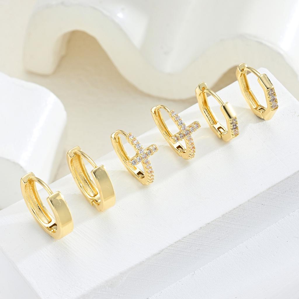6 Pcs Fashion Minimalist Copper Zircon Cross Earrings Set for Women Chunky Cartilage Hoops Earring Vacation Daily Wear Jewelry