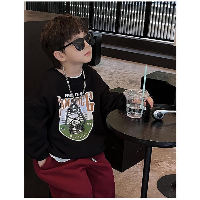 Spring Children's Sports and Leisure Hoodie, Cartoon Printed Single Piece Loose Round Neck Top for Big Boys