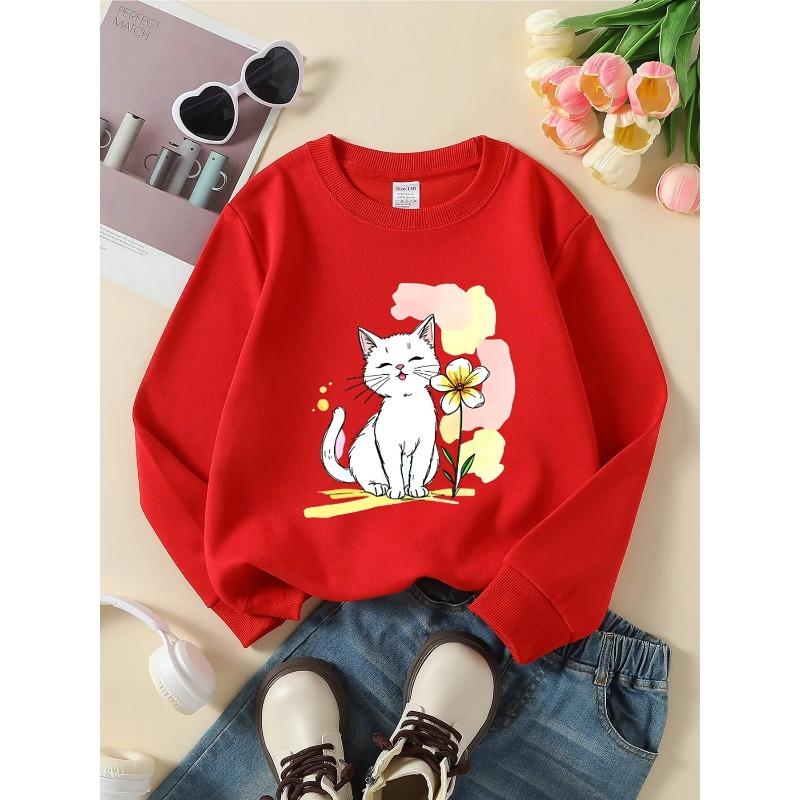 European sizes Kids' Crewneck Sweatshirt - Cute White Cat with Flower , Sportswear And Casual Wear, Soft And Comfortable