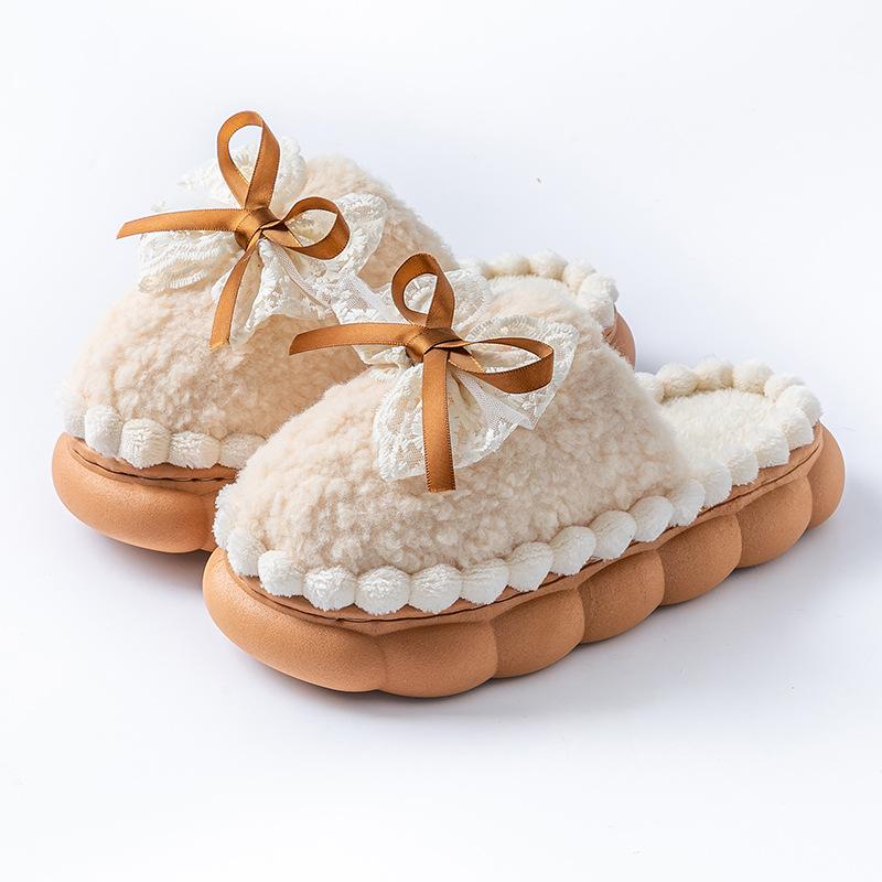 Bow cotton slippers autumn and winter warm and non-slip indoor home 2025 new thick-soled Mao Mao cotton shoes
