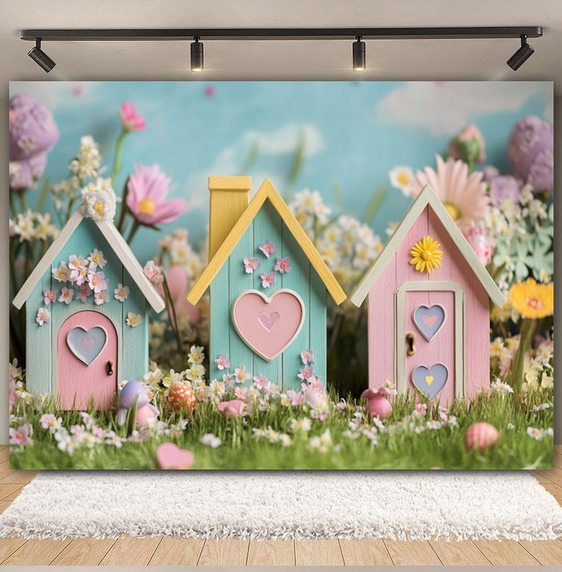 Spring Easter Cottage Colorful Egg Rabbit Photography Background Flower and Tree House Children's Birthday Decoration Backdrop