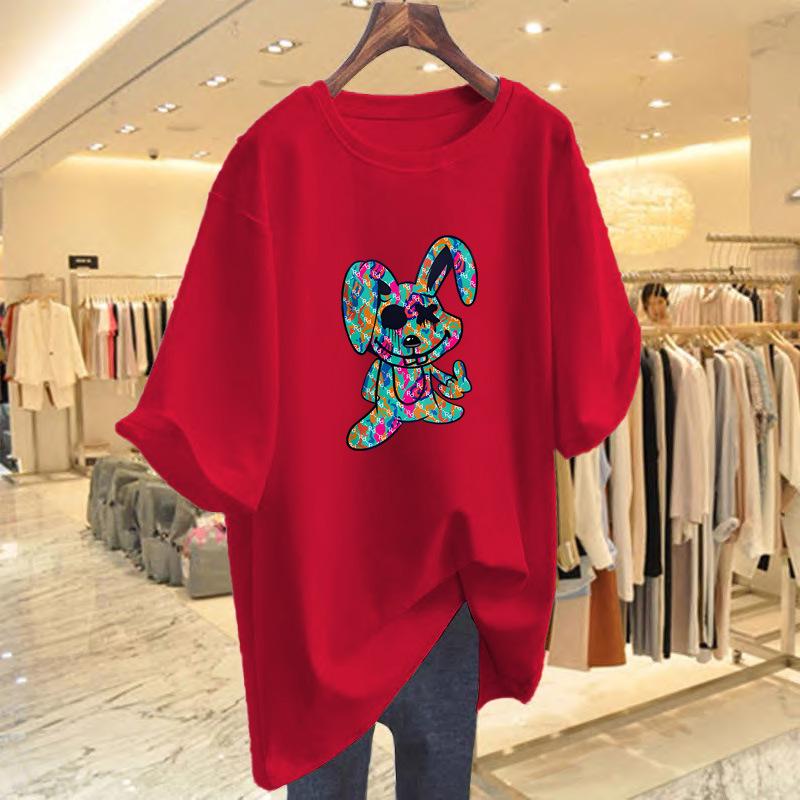 European and American Women's Rabbit Print Loose Round Neck Short Sleeve T-shirt - Summer New Style Top