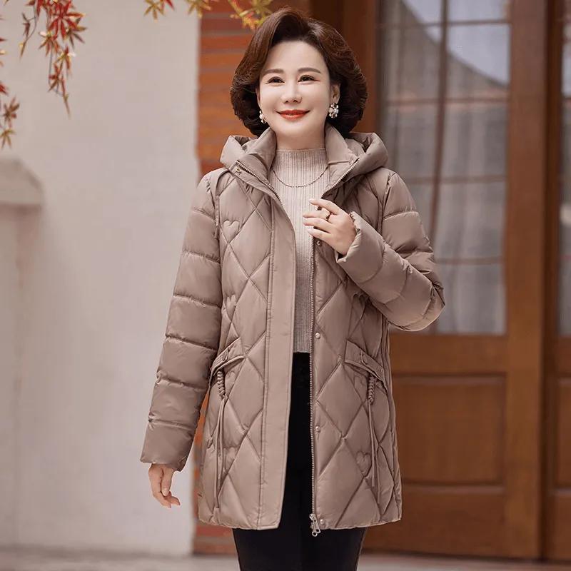 

Зимняя женская длинная куртка, пальто для женщин среднего возраста, с капюшоном, элегантная, толстая, теплая, зимние парки, свободная верхняя одежда, женские куртки XXXXL