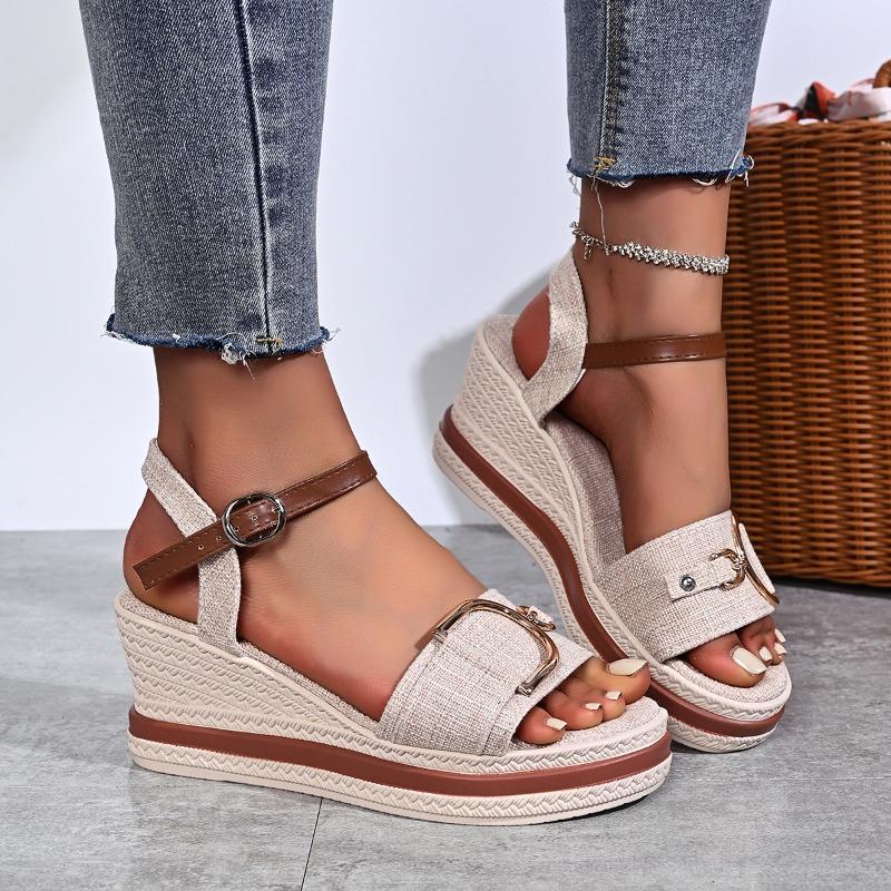 Women's Summer Wedge Peep-Toe Roman Beach Sandals With Buckle Strap, Thick-Soled Footwear, Available In Large Sizes.