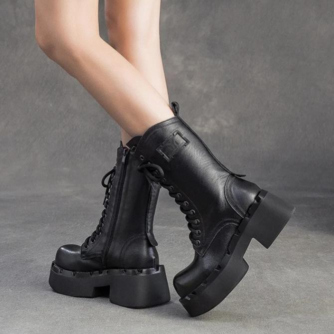 Johnature Genuine Leather Retro Thick Soled Mid-calf Boots Versatile Round Toe Women's Platform Boots