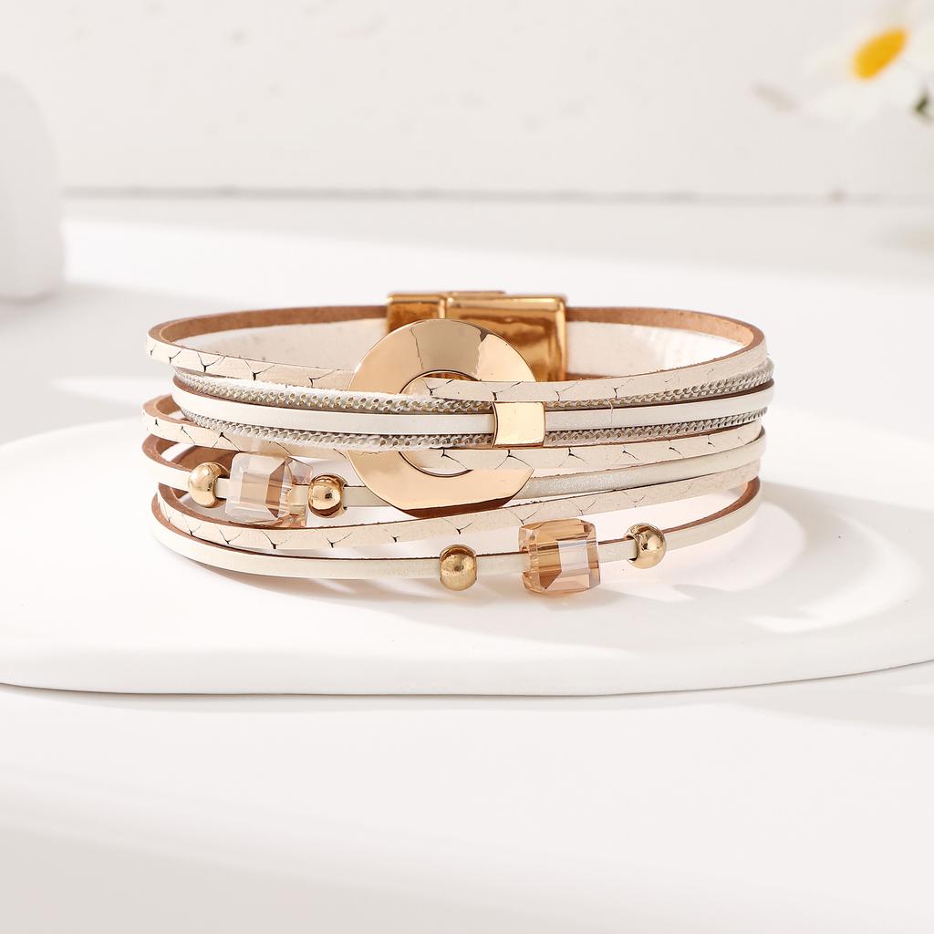 Leder Armreif Mehrschichtig PU-Leder Böhmischer Stil Geometrisches Armband für Damen