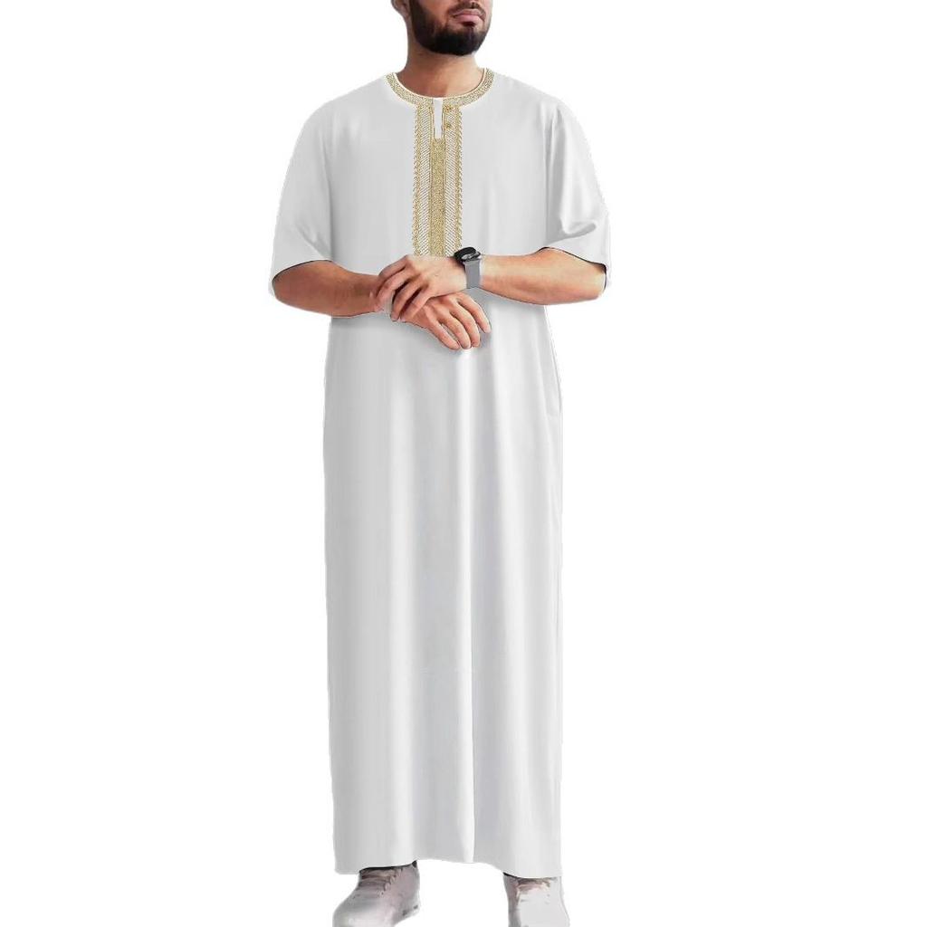2026 Vintage Muslim Men's Robe Mid-Sleeve Embroidered Ethnic Moroccan Thobe Traditional Islamic Kaftan Loose Comfortable Casual Prayer Gown