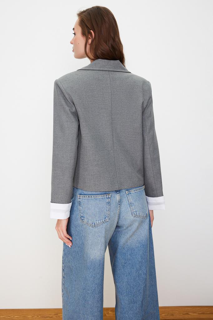 Damenmode Neue Blazerjacke Anthrazit Ärmelmanschette Detaillierte gewebte Blazerjacke