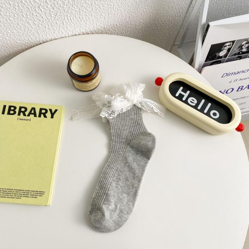 

Весенне-летние полые, легкие и дышащие носки для женщин, носки до середины икры, милая кружевная отделка, бантик, короткие носки, тонкий стиль 1 pair серый