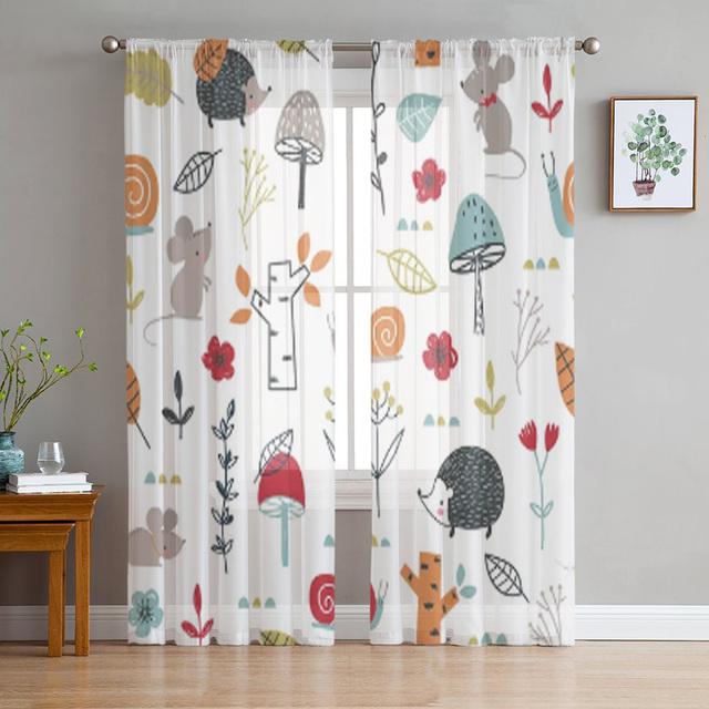 Autumn Forest Cartoon Animals Bear Fox Owl Sheer Curtains for Windows Tulle Curtains for Living Room Bedroom Children Room Decor