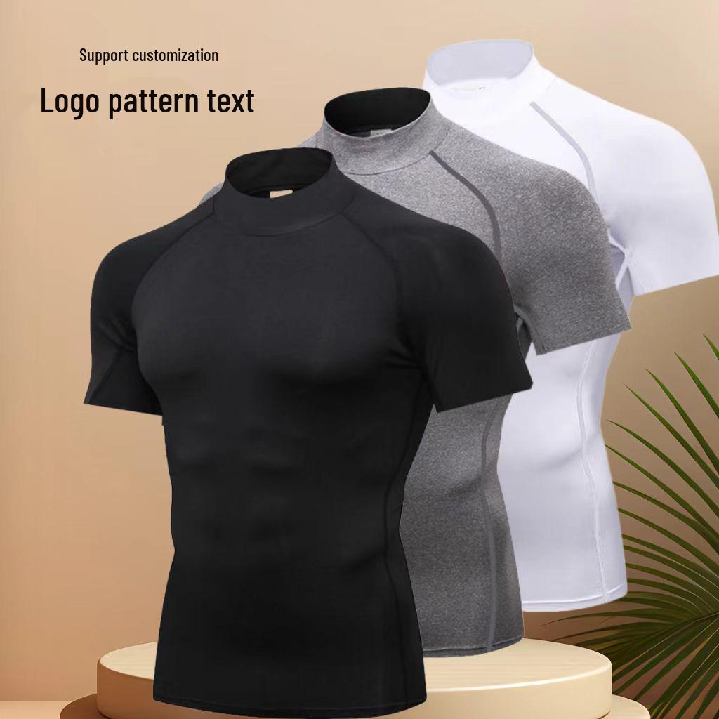 Pánské rychleschnoucí sportovní tričko s vysokým límcem - Krátký rukáv, Odvádějící pot, Přiléhavý střih, Stojáček