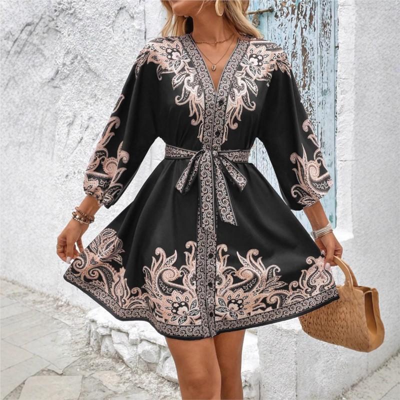 Dress Summerwomen's Vintage Print Dress Fashion Embroidery Dresses Casual Lace Up Mini Dresses for Woman