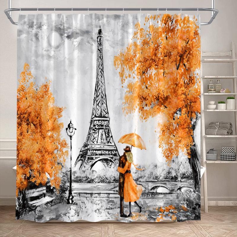 

Vintage Paris Tower Shower Curtains Pink Floral Tree Romantic Lovers Park Scenery Ink Art Bathroom Decor Bath Curtain With Hooks 90x180cm-35x70in