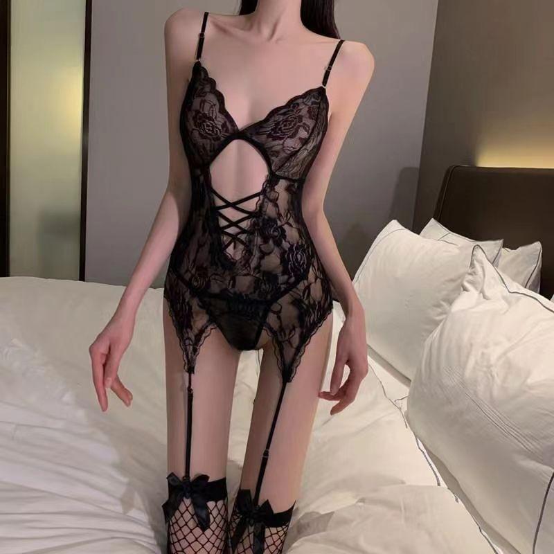 Sexy pajamas large size with chest pad thin ice silk lace backless flirting pure desire suspender pajamas female summer