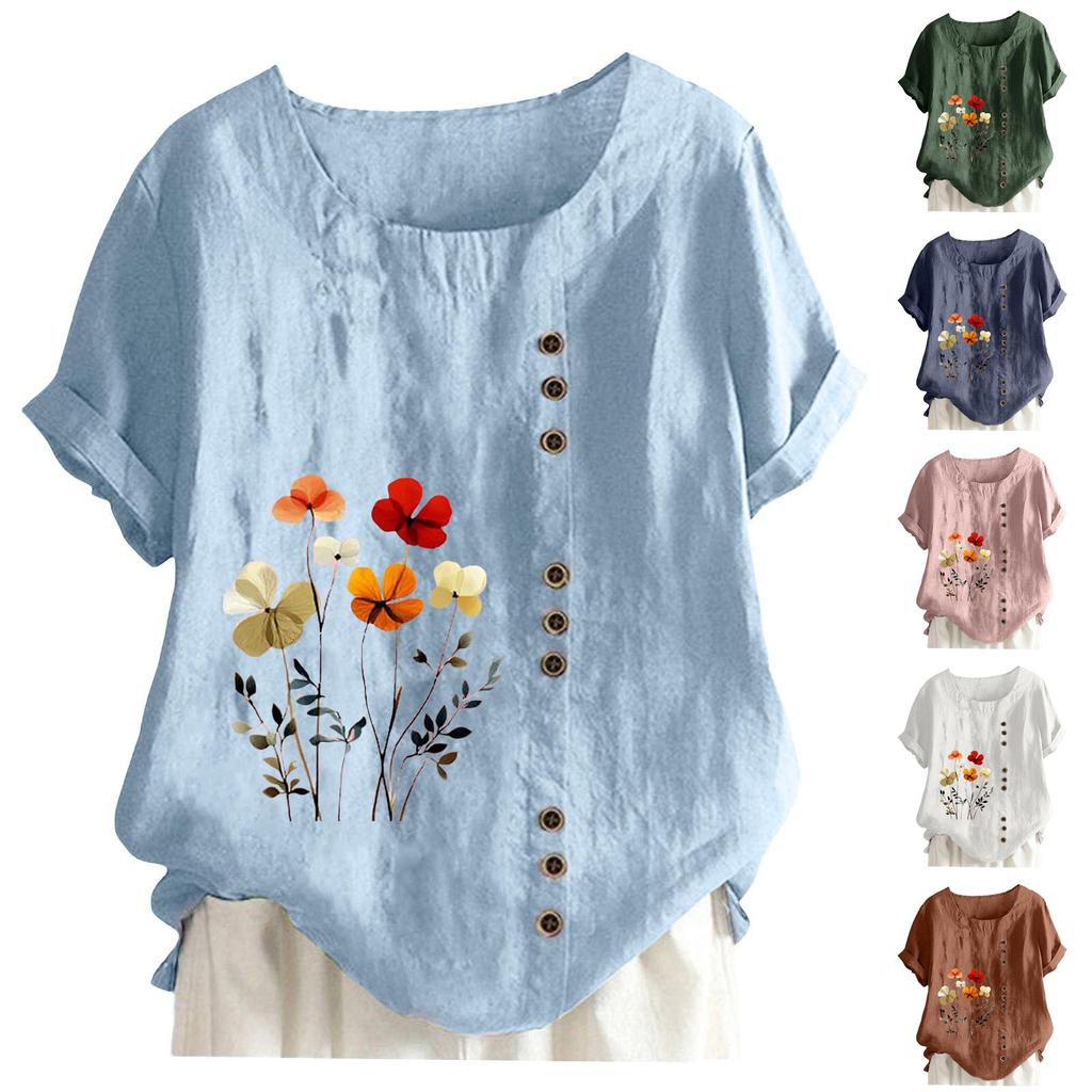 Women's Fashion Casual Round Neck Short Sleeve Cotton And Linen Printed T-shirt Top