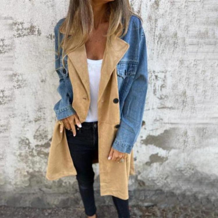 Mid Length Lady Overcoat Women Spring Fall Coat Denim Jacket Double Breasted Colorblock Patchwork with Flap Pockets