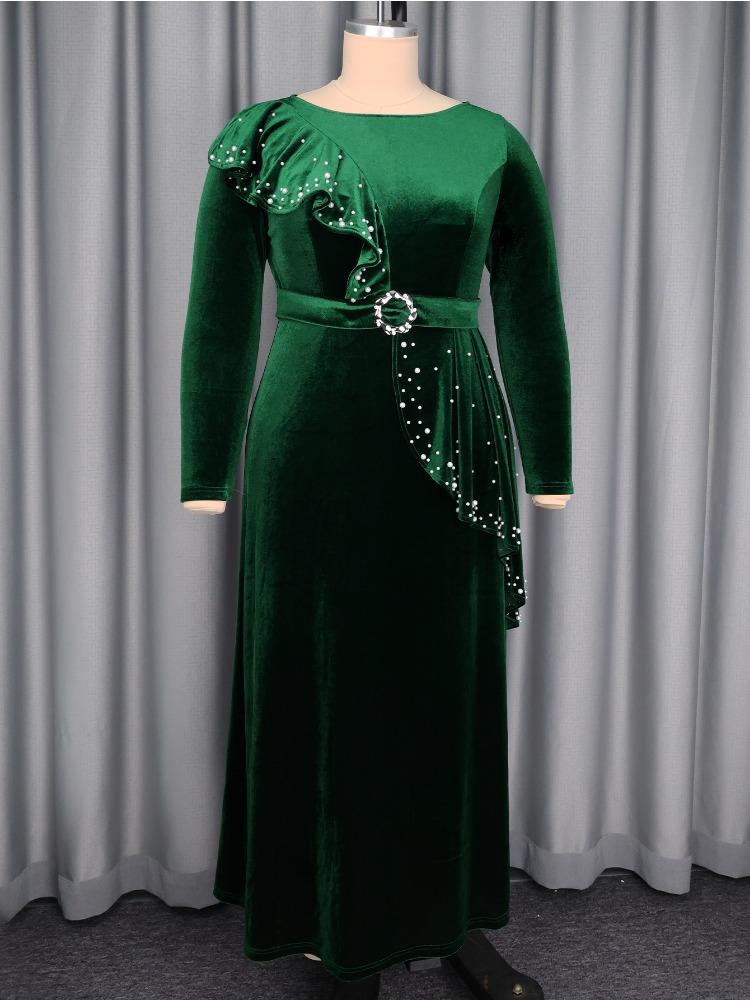 A-Linie Damen Samtkleider O-Ausschnitt Langarm Hoher Bund Schößchen mit Gürtel Elegant Büro Damen Kirche Weihnachtsfeier Kleider